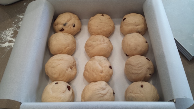 Rolled buns in the tin ready for baking