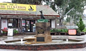 A wet Dog on the Tuckerbox at Gundagai