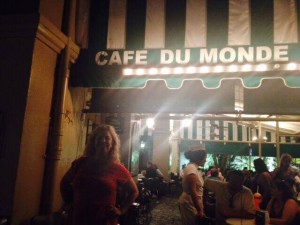 The fabulous Megan Crane (author) about to head into Café du Monde with me and eat beignets.